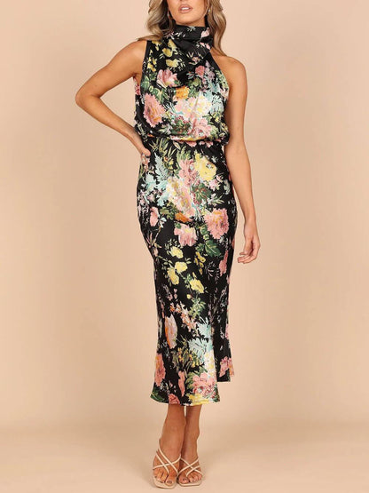 Halter Neck Floral Elastic Waist Maxi Dress - Milafashion-se.com