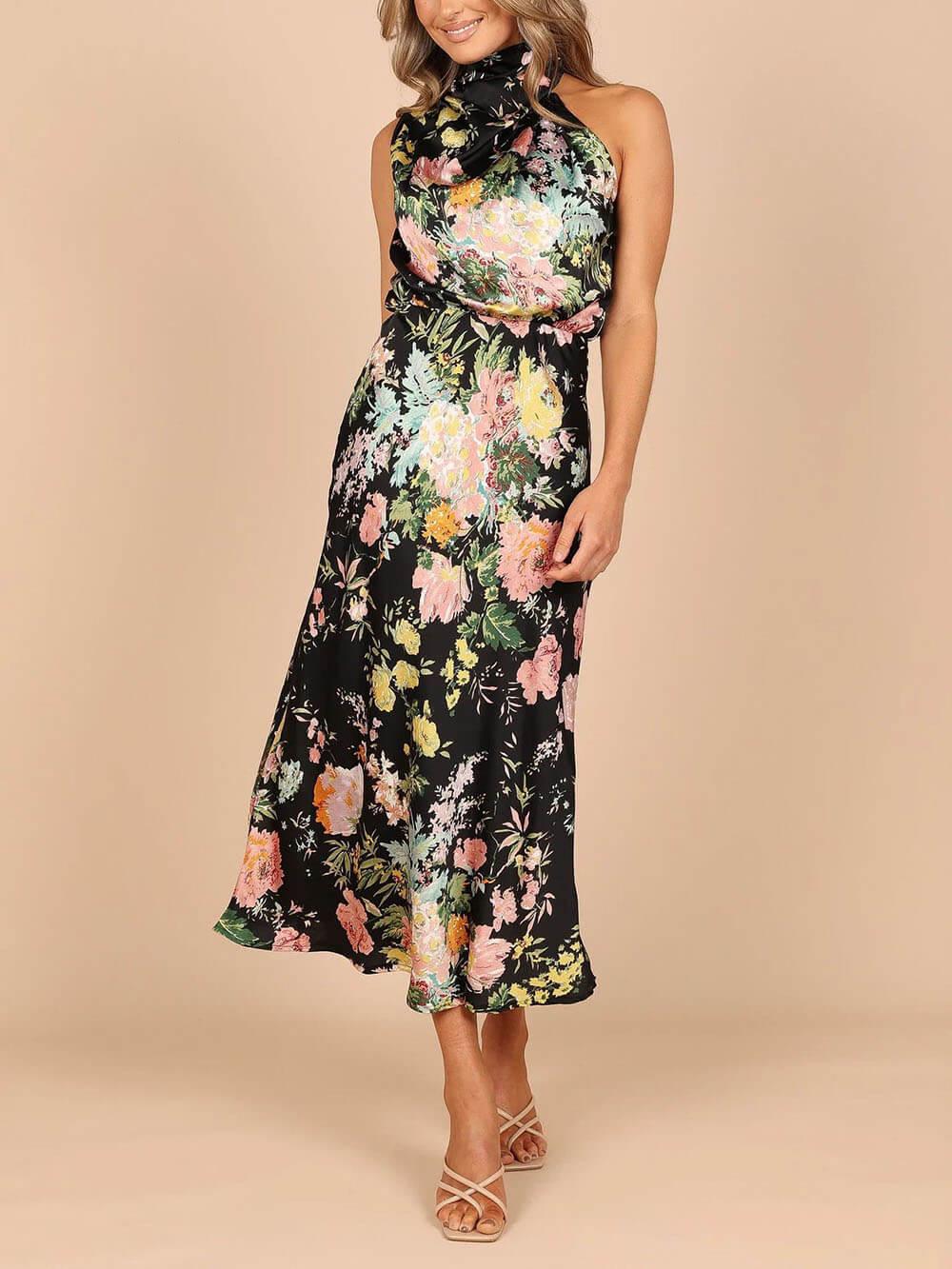 Halter Neck Floral Elastic Waist Maxi Dress - Milafashion-se.com