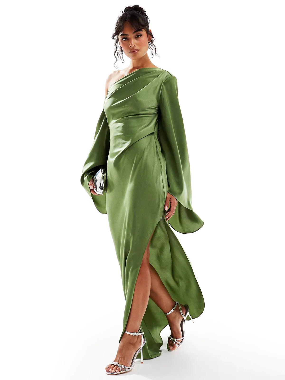 Green Asymmetrical Hem Satin Maxi Dress - Milafashion-se.com