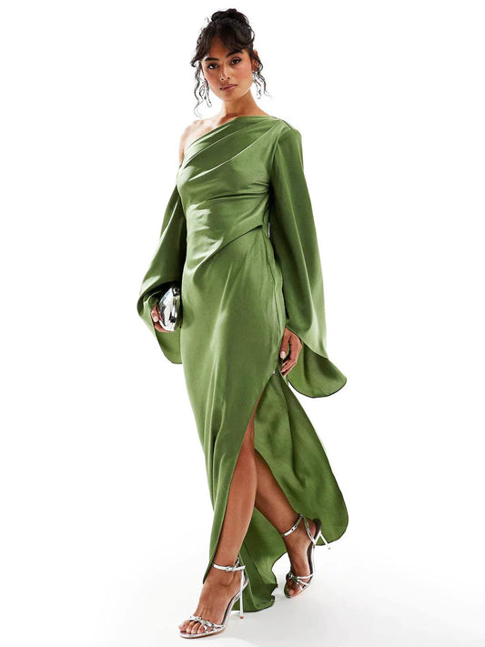 Green Asymmetrical Hem Satin Maxi Dress - Milafashion-se.com