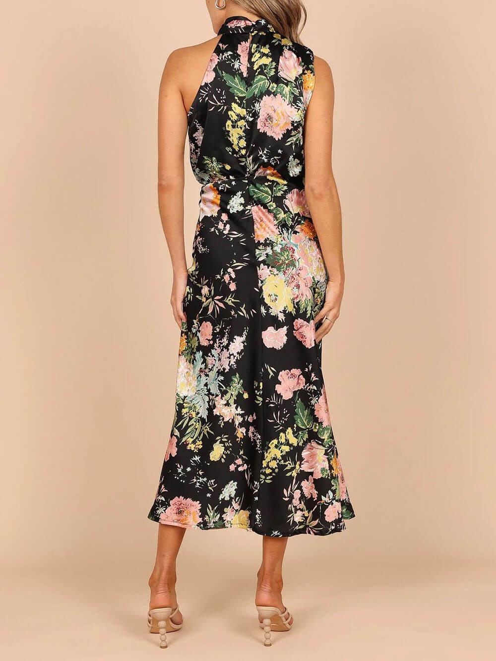 Halter Neck Floral Elastic Waist Maxi Dress - Milafashion-se.com