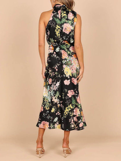 Halter Neck Floral Elastic Waist Maxi Dress - Milafashion-se.com