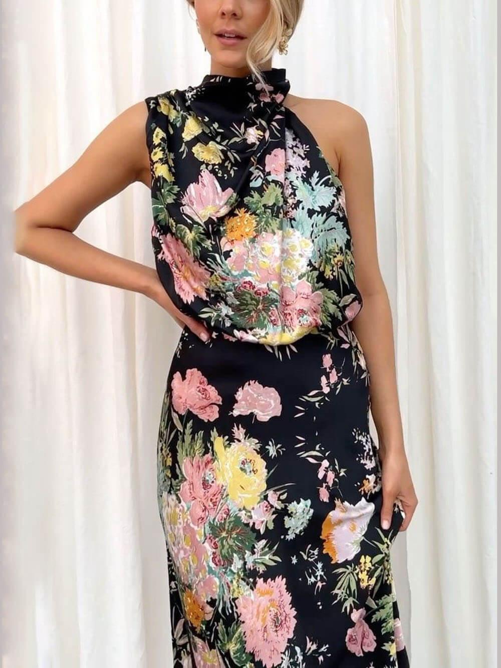 Halter Neck Floral Elastic Waist Maxi Dress - Milafashion-se.com
