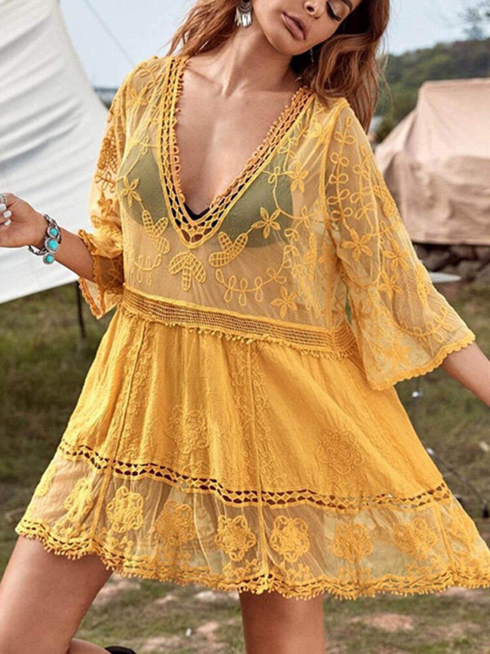 Loose Lace Beach Vacation Bikini Cover-Up Dress - Milafashion-se.com