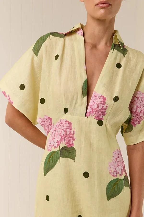MILA™ Jasmine linneblandad blommig prickig skjorta med vid ärm Maxiklänning - Milafashion-se.com