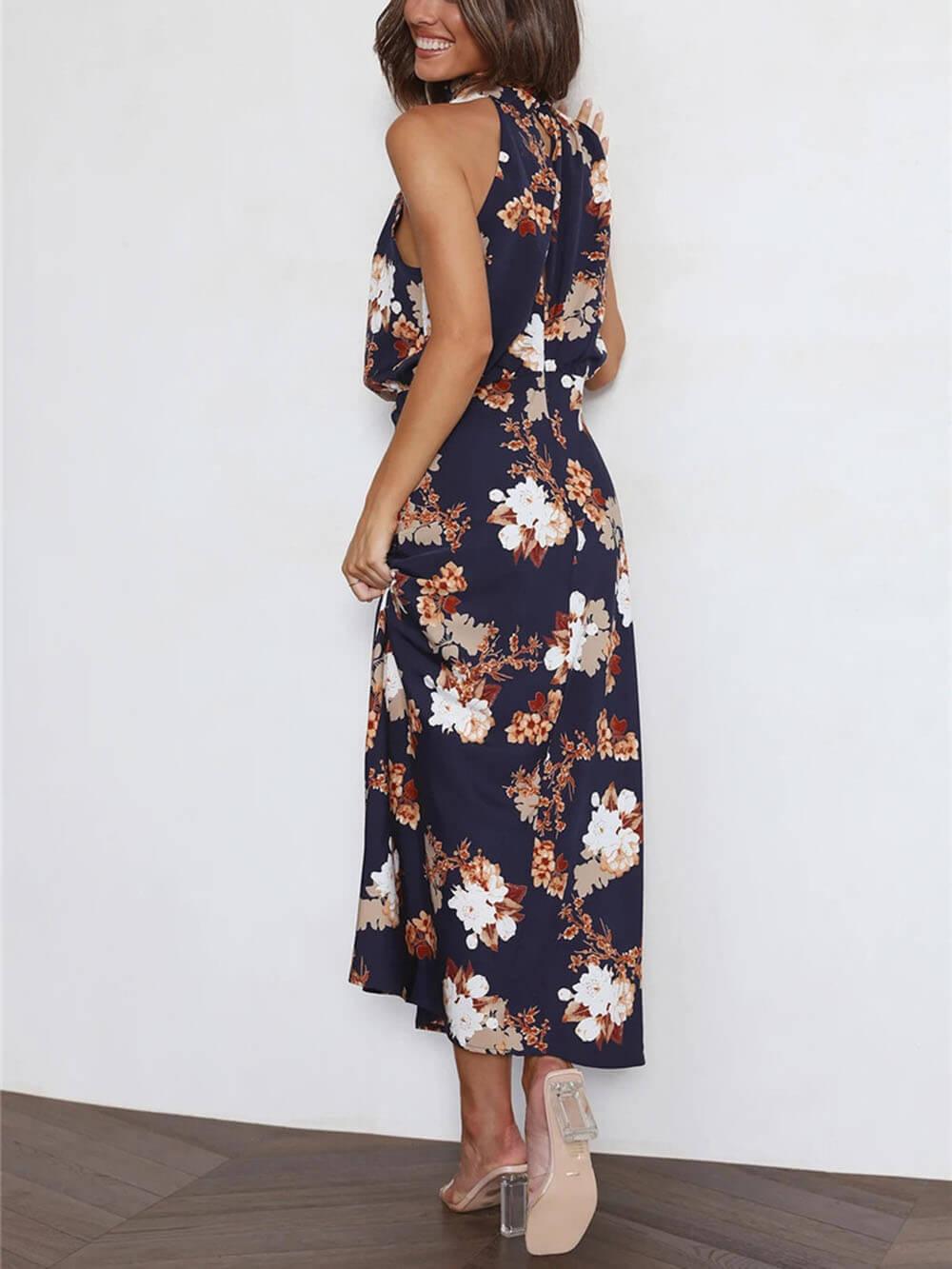 Halter Neck Floral Elastic Waist Maxi Dress - Milafashion-se.com