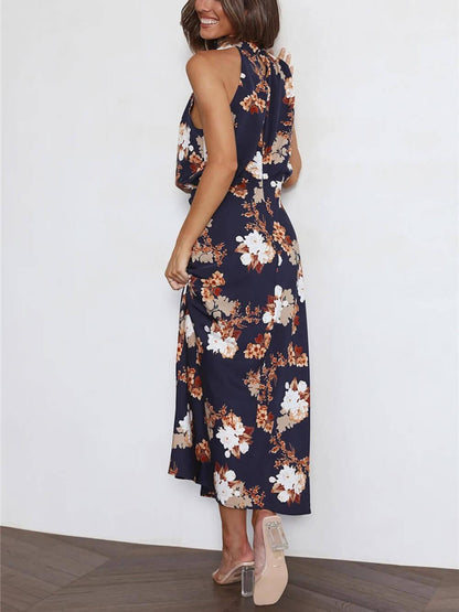Halter Neck Floral Elastic Waist Maxi Dress - Milafashion-se.com