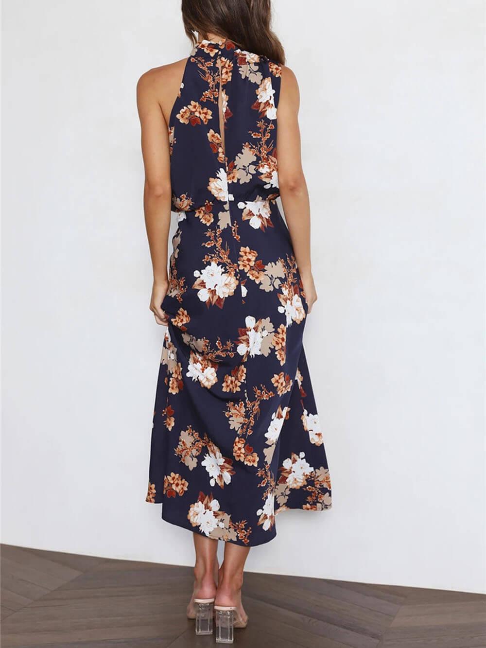 Halter Neck Floral Elastic Waist Maxi Dress - Milafashion-se.com