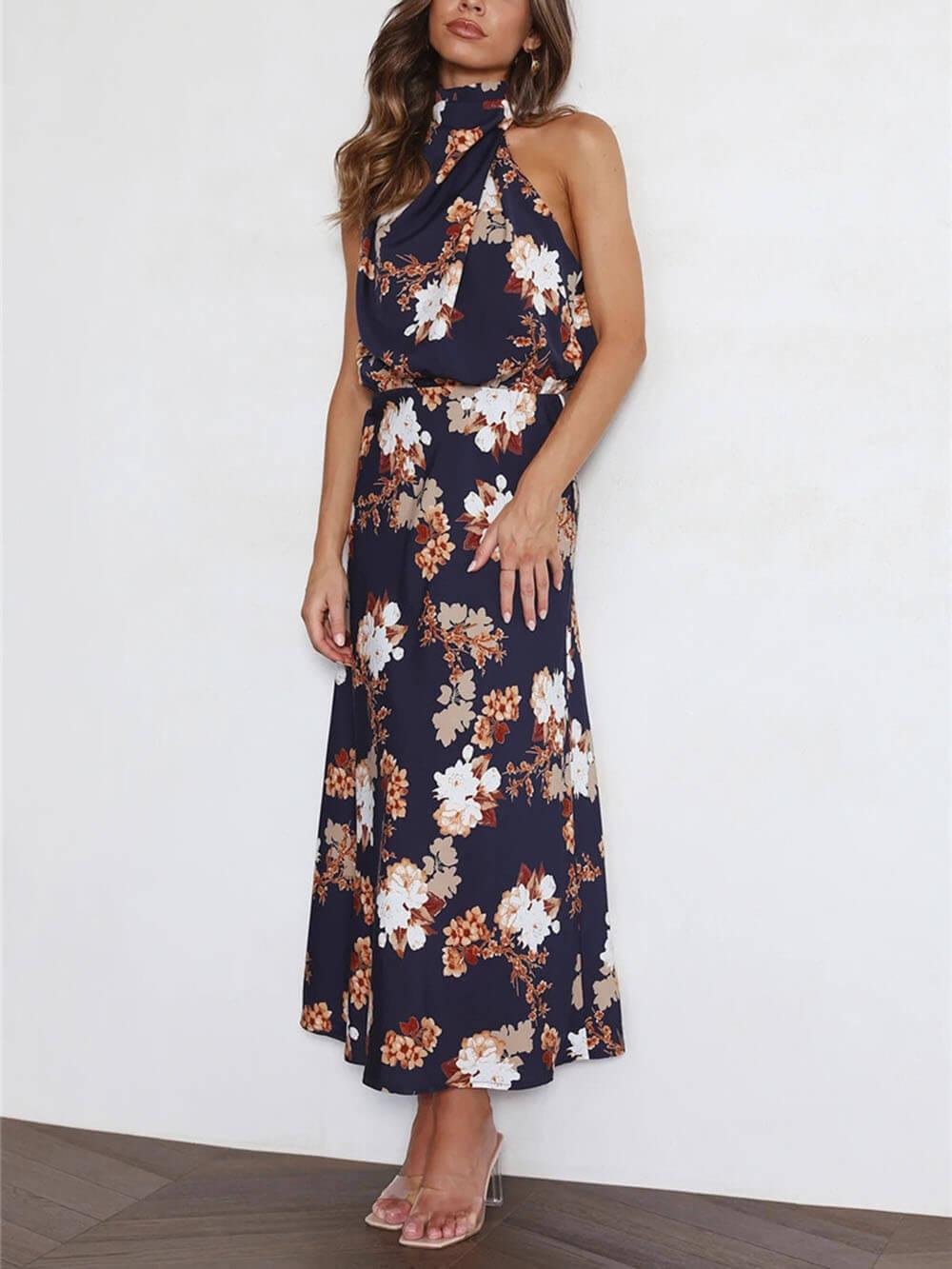 Halter Neck Floral Elastic Waist Maxi Dress - Milafashion-se.com