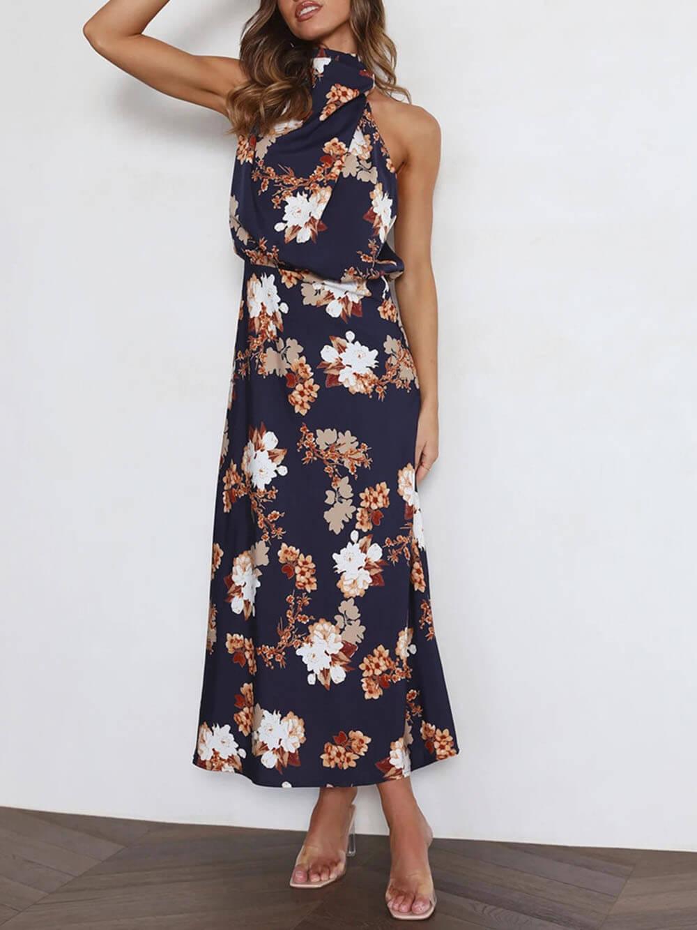 Halter Neck Floral Elastic Waist Maxi Dress - Milafashion-se.com