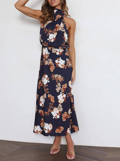 Halter Neck Floral Elastic Waist Maxi Dress - Milafashion-se.com