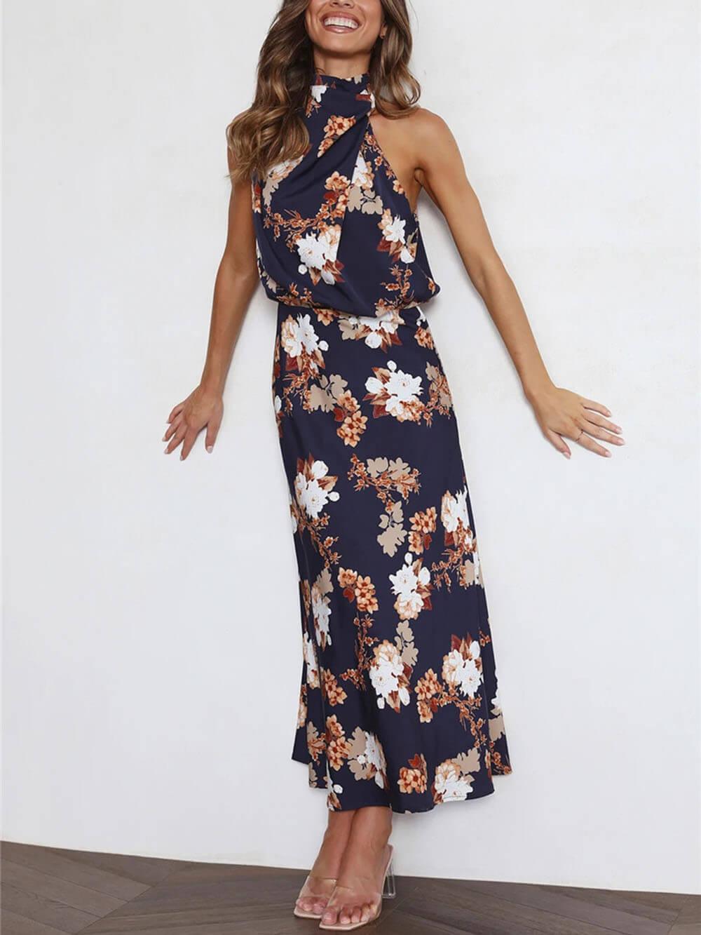 Halter Neck Floral Elastic Waist Maxi Dress - Milafashion-se.com
