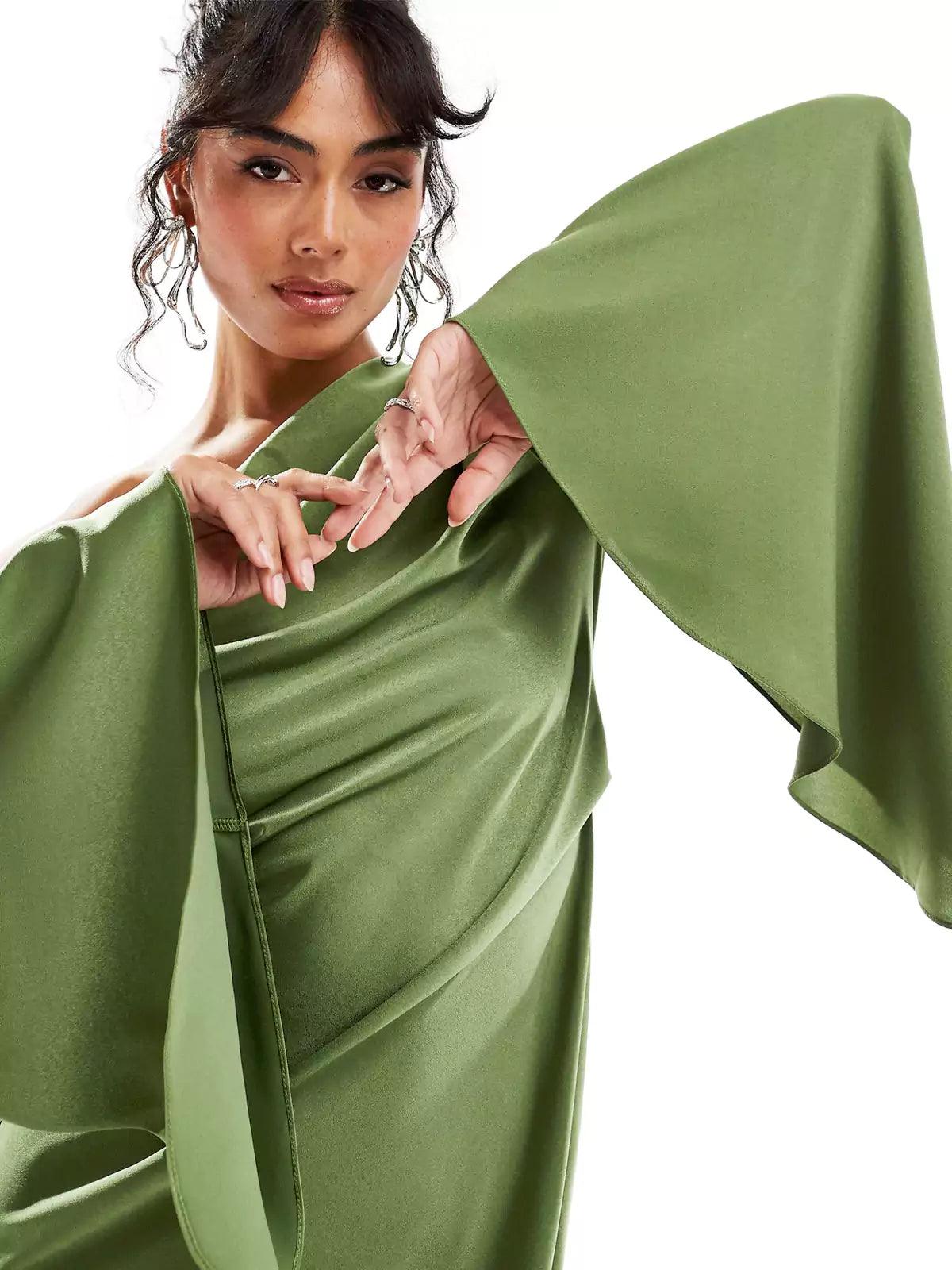 Green Asymmetrical Hem Satin Maxi Dress - Milafashion-se.com