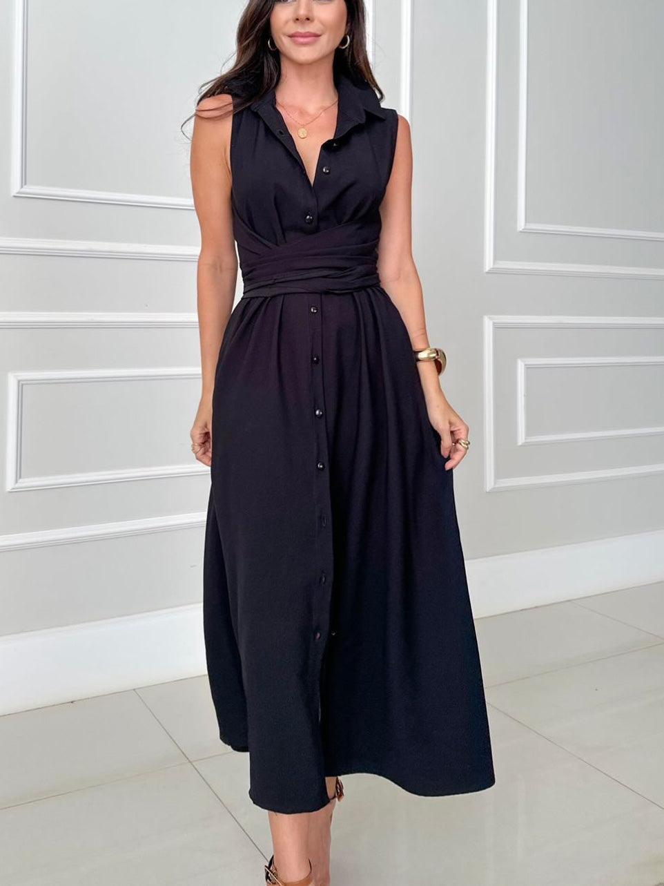MILA™ Unik midiklänning i skjortmodell med enkelknäppt slips - Milafashion-se.com