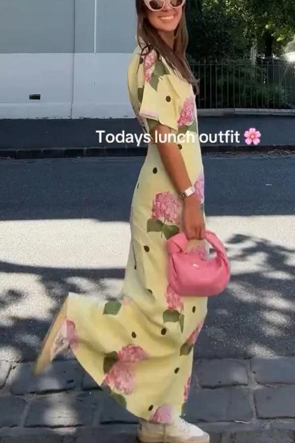 MILA™ Jasmine linneblandad blommig prickig skjorta med vid ärm Maxiklänning - Milafashion-se.com
