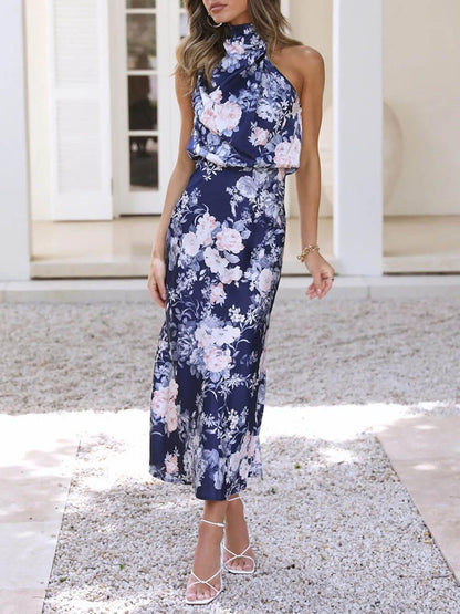 Halter Neck Floral Elastic Waist Maxi Dress - Milafashion-se.com