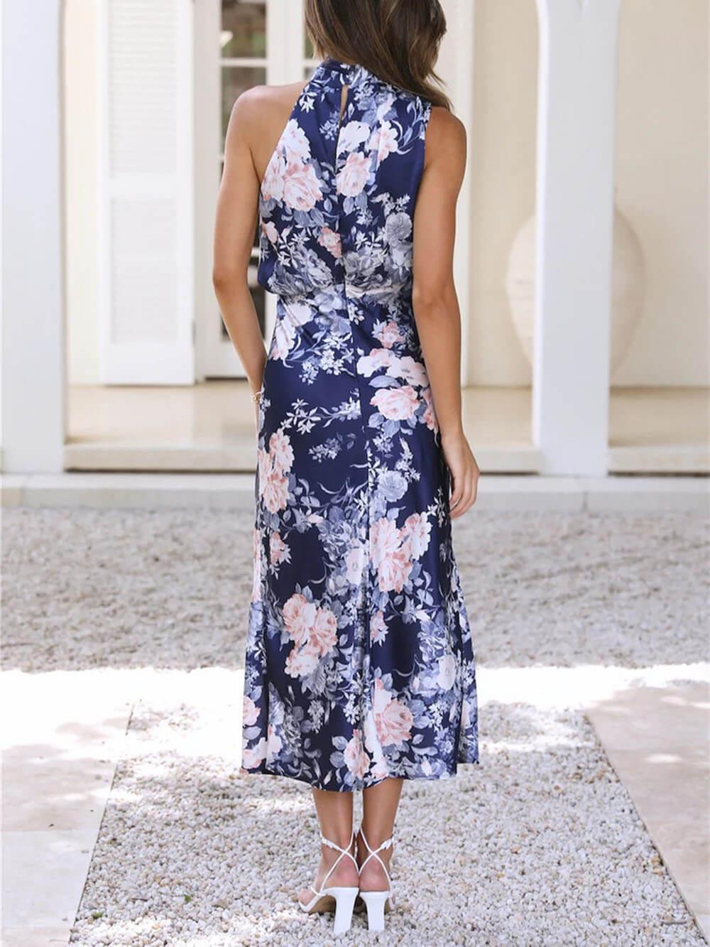 Halter Neck Floral Elastic Waist Maxi Dress - Milafashion-se.com