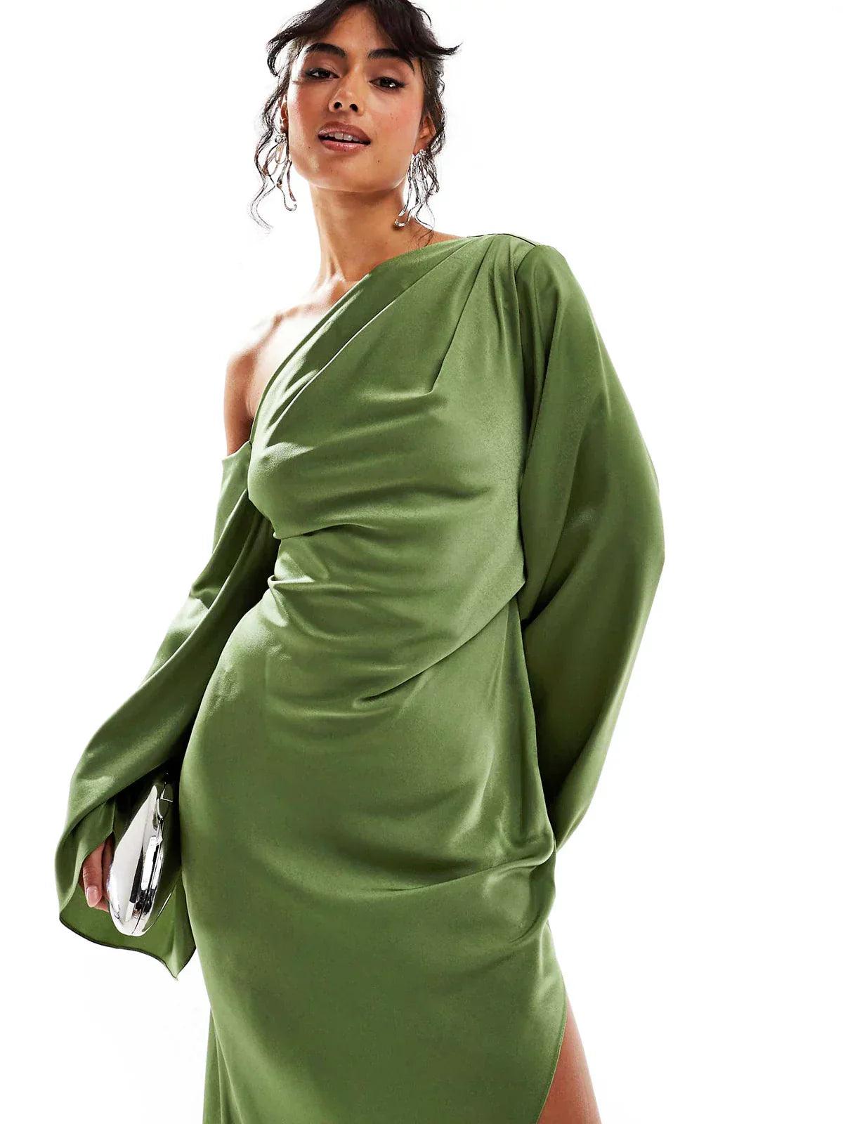 Green Asymmetrical Hem Satin Maxi Dress - Milafashion-se.com