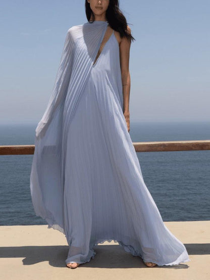 Elegant V-neck Pleated Flowy Maxi Dress - Milafashion-se.com
