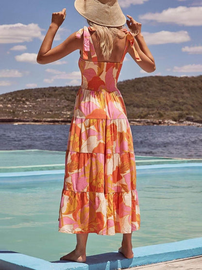 Sleeveless Sea Charm Pleated Stretch Chest Print Cami Dress - Milafashion-se.com