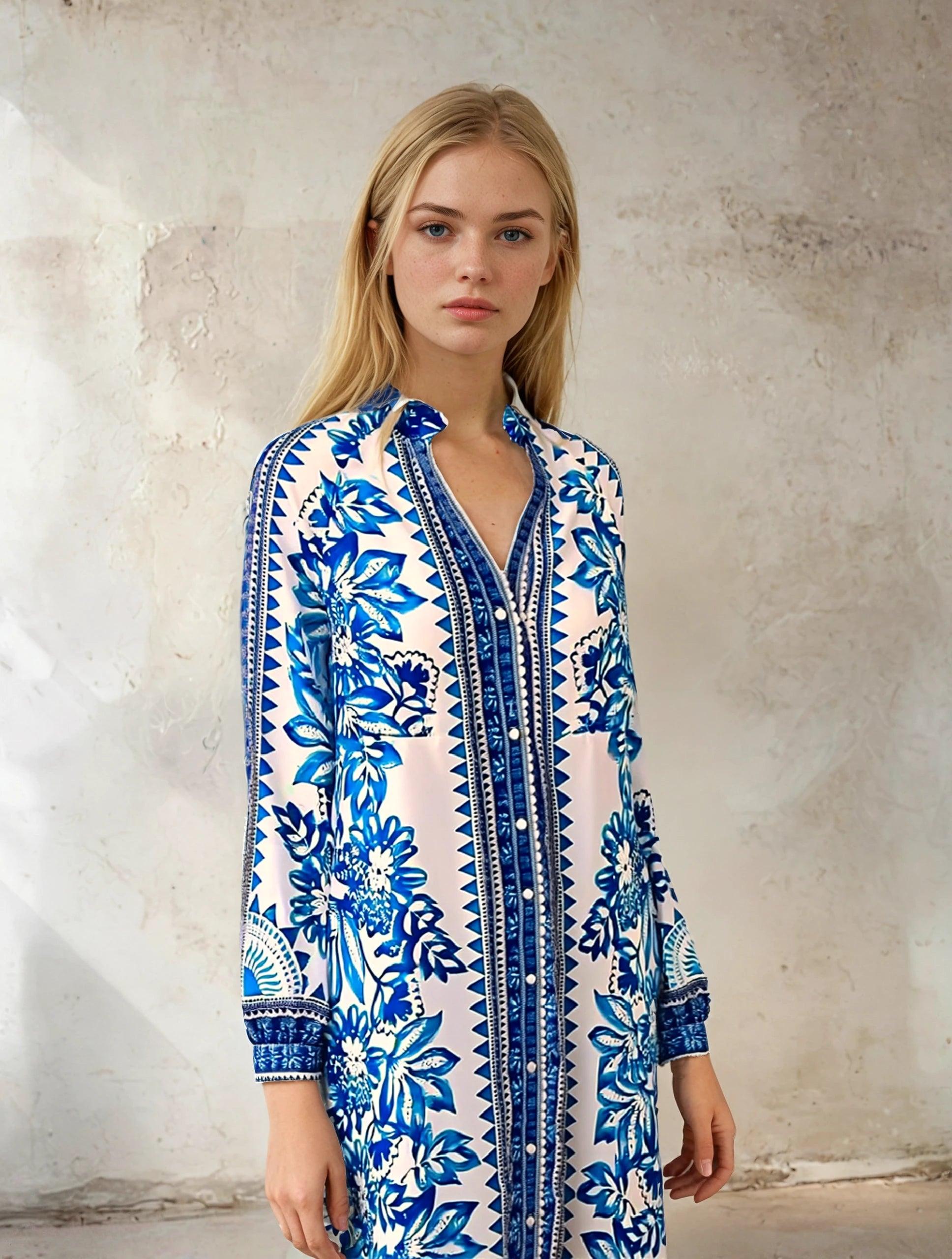 MILA™ Unikt tryck Button Down Långärmad Skjorta Maxiklänning - Milafashion-se.com