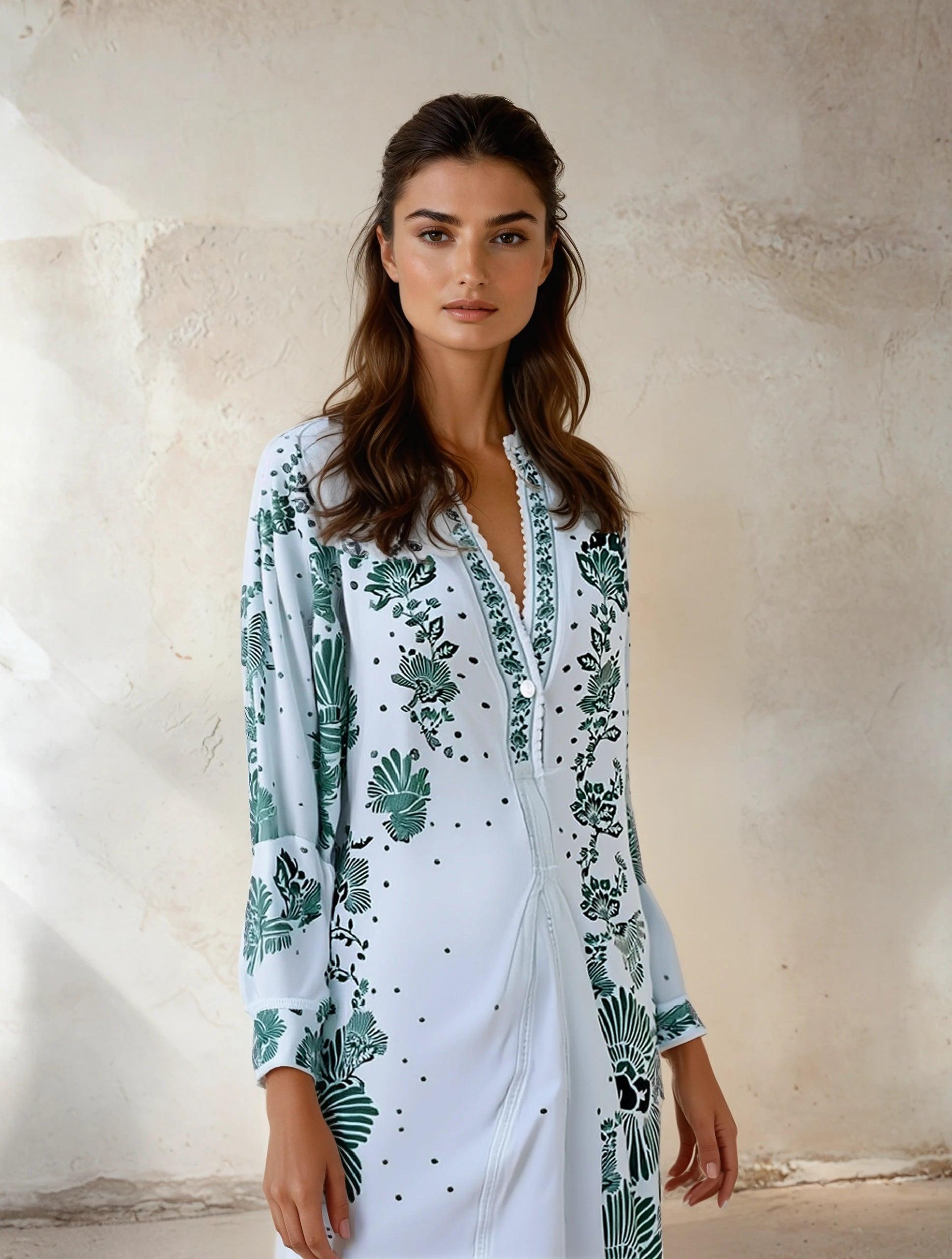 MILA™ Unikt tryck Button Down Långärmad Skjorta Maxiklänning - Milafashion-se.com