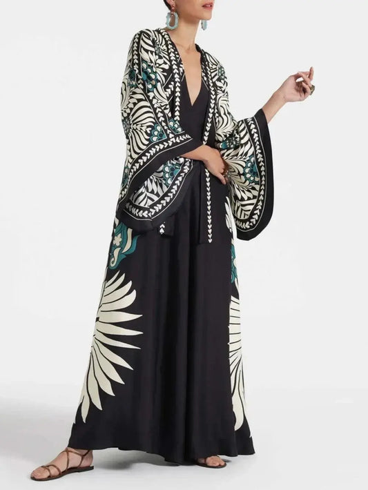 Elegance Floral Print Waterfall Sleeves Maxi Dress - Milafashion-se.com