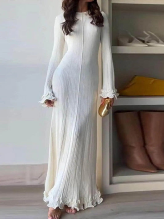 Elegant Trumpet Sleeves Rolled Hem Knitted Round Neck Maxi Dress - Milafashion-se.com