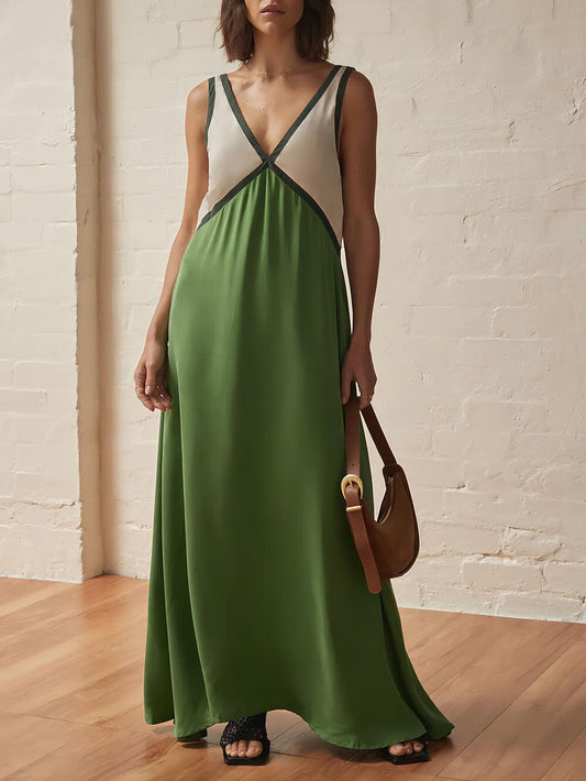 V-neck Contrasting Color Splicing Chic Dress - Milafashion-se.com