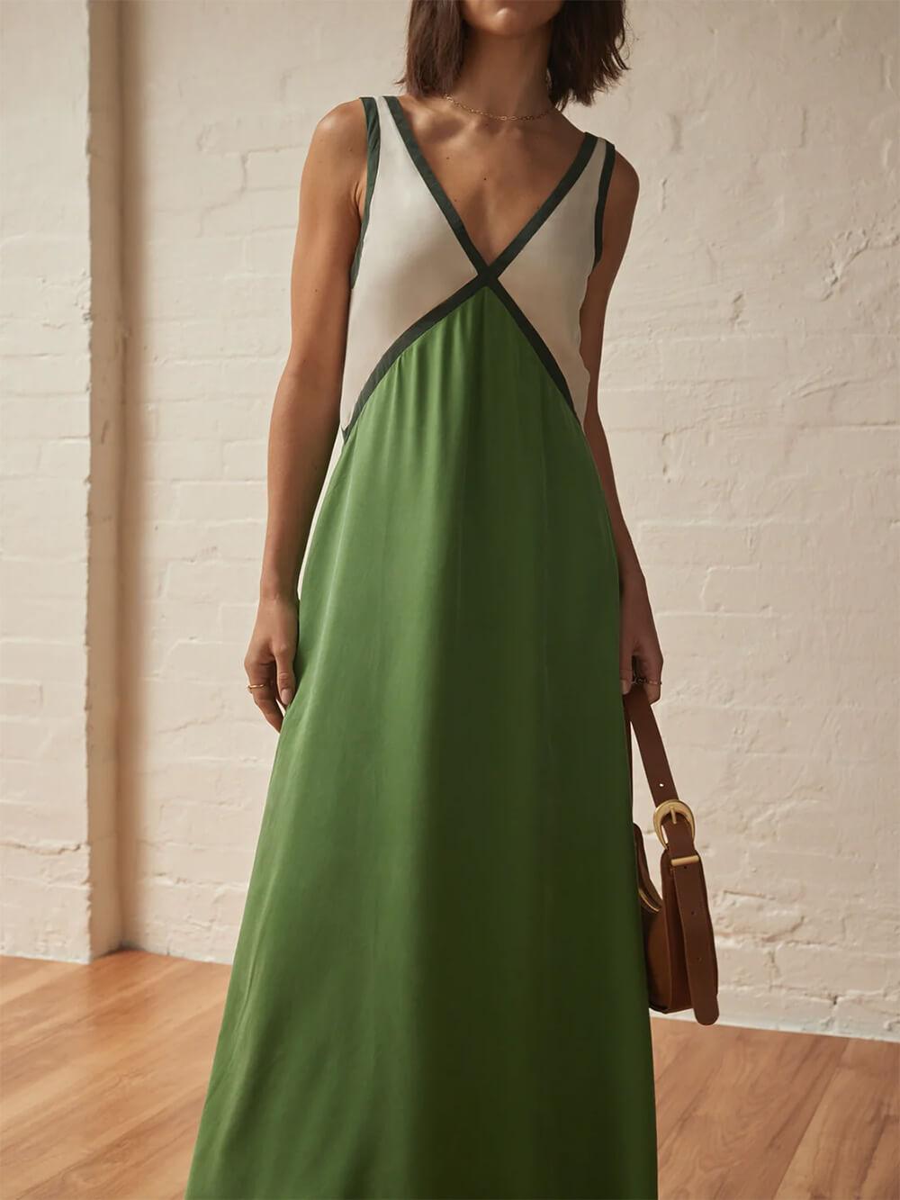 V-neck Contrasting Color Splicing Chic Dress - Milafashion-se.com