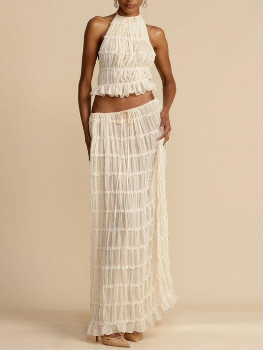 Pleated Drawstring Charm Waist Tiered Maxi Skirt - Milafashion-se.com