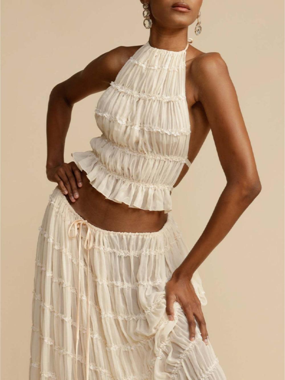 Pleated Drawstring Charm Waist Tiered Maxi Skirt - Milafashion-se.com