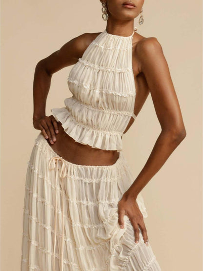 Pleated Drawstring Charm Waist Tiered Maxi Skirt - Milafashion-se.com