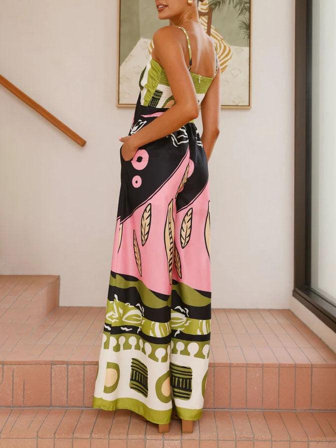 Unique Painted Print Suspenders Wide-leg Jumpsuit - Milafashion-se.com