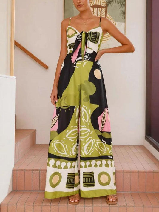 Unique Painted Print Suspenders Wide-leg Jumpsuit - Milafashion-se.com