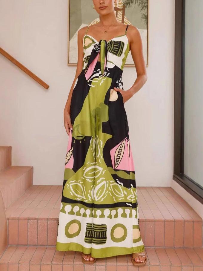 Unique Painted Print Suspenders Wide-leg Jumpsuit - Milafashion-se.com
