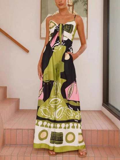 Unique Painted Print Suspenders Wide-leg Jumpsuit - Milafashion-se.com