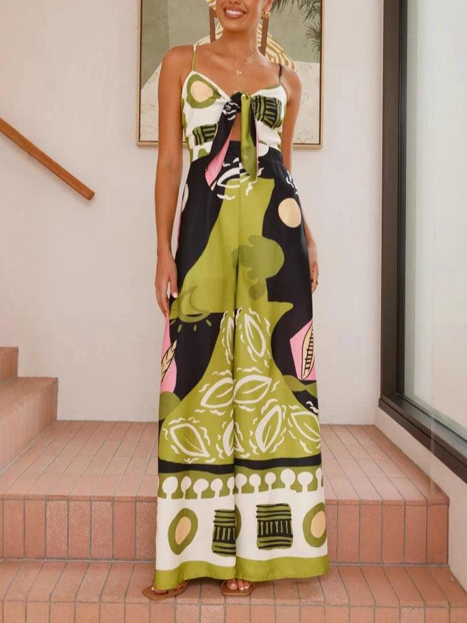 Unique Painted Print Suspenders Wide-leg Jumpsuit - Milafashion-se.com