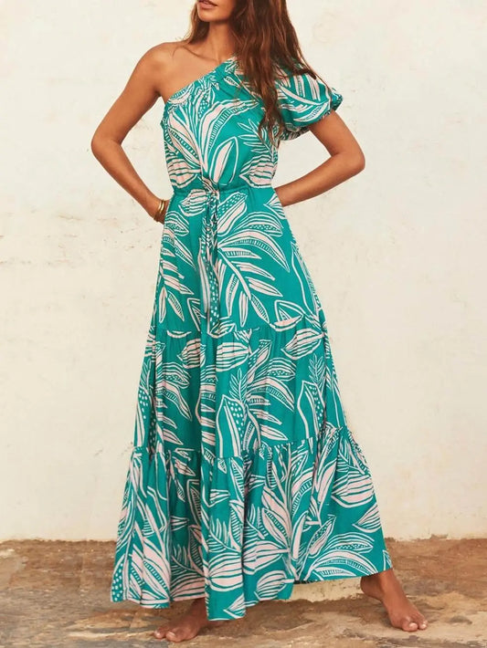Off-Shoulder Palm Leaf Print Holiday Style Floral Dress - Milafashion-se.com