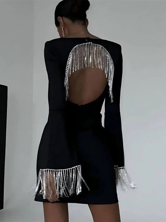Party Time Imitation Diamond Chain Backless Mini Dress - Milafashion-se.com