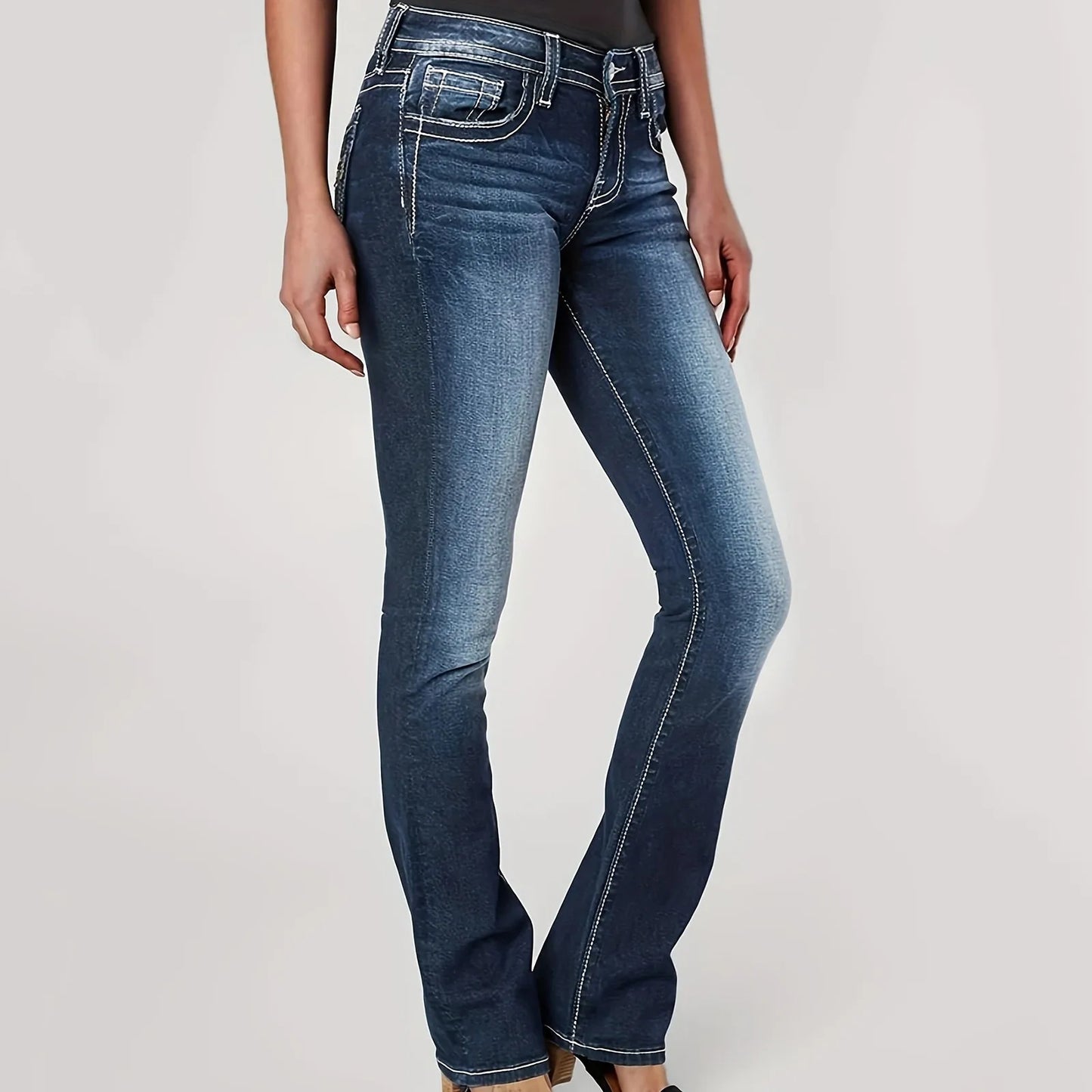Styliga midjehöga slim fit jeans med rak ben för kvinnor med broderad bakficka - Bekväm stretchn för ungdomar
