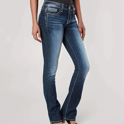 Styliga midjehöga slim fit jeans med rak ben för kvinnor med broderad bakficka - Bekväm stretchn för ungdomar