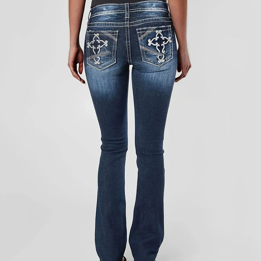 Styliga midjehöga slim fit jeans med rak ben för kvinnor med broderad bakficka - Bekväm stretchn för ungdomar