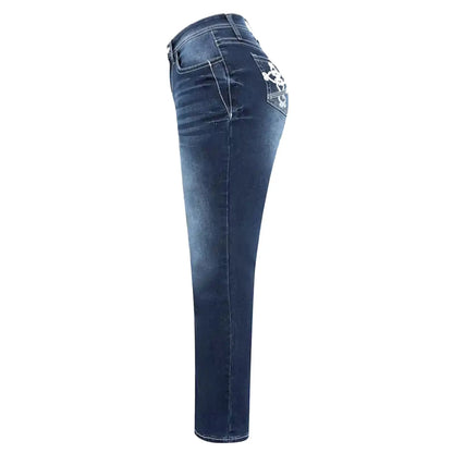 Styliga midjehöga slim fit jeans med rak ben för kvinnor med broderad bakficka - Bekväm stretchn för ungdomar