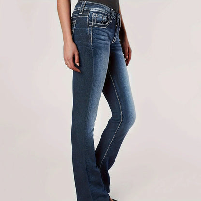 Styliga midjehöga slim fit jeans med rak ben för kvinnor med broderad bakficka - Bekväm stretchn för ungdomar