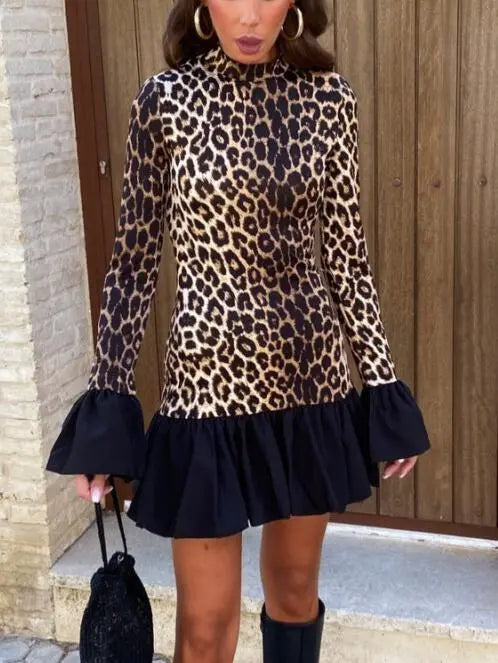 Sexy Leopard Print Ruffled Mini Dress - Milafashion-se.com