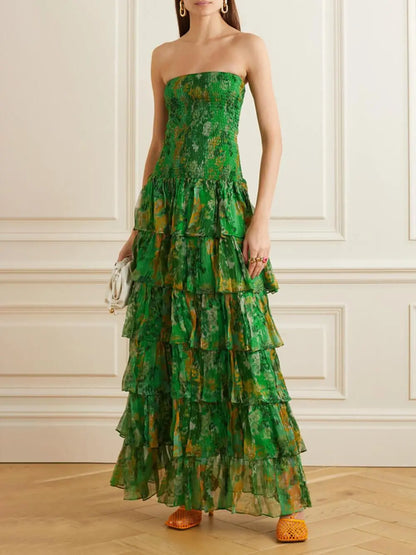 Strapless Layered Bandeau Floral Print Maxi Dress - Milafashion-se.com