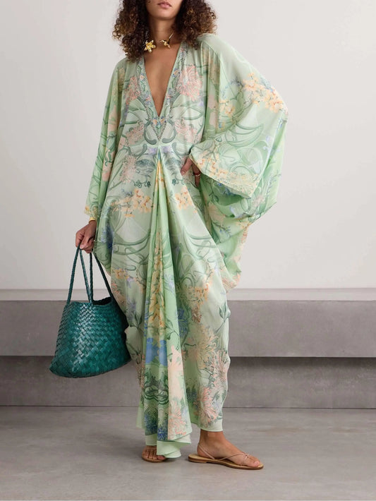 Unique Floral Print V Neck Oversized Midi Dress - Milafashion-se.com