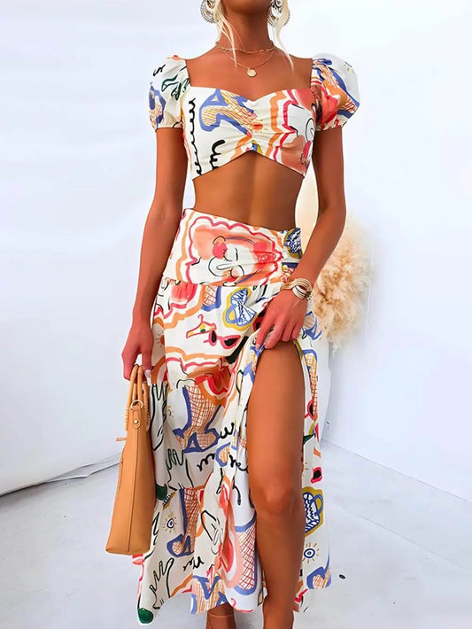 Wrap Summer Skirt And Printed Top Two-Piece Suit - Milafashion-se.com