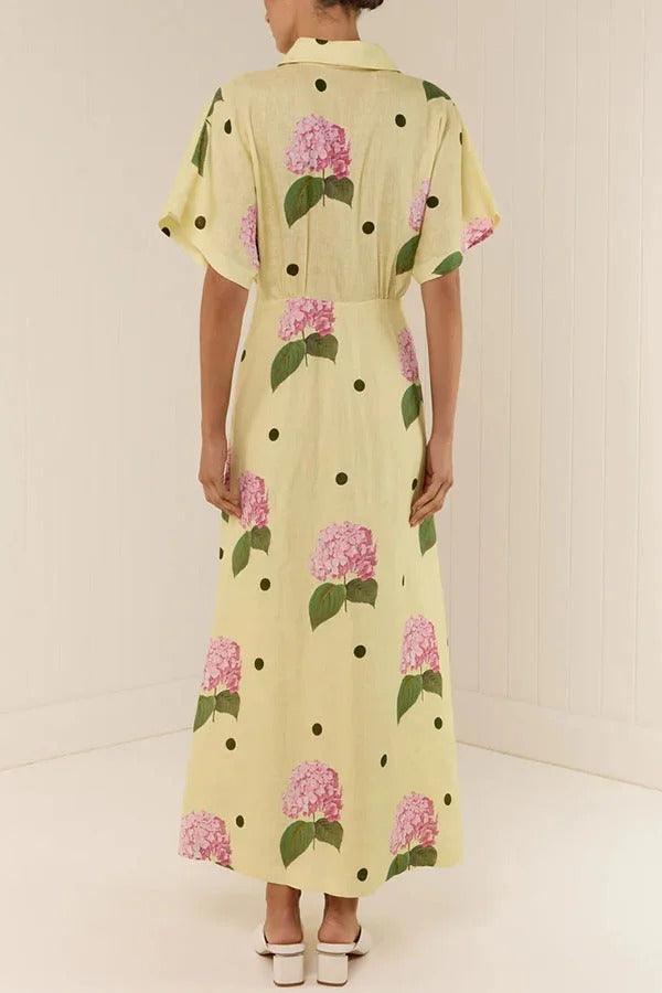 MILA™ Jasmine linneblandad blommig prickig skjorta med vid ärm Maxiklänning - Milafashion-se.com